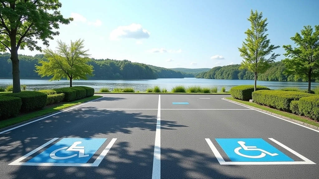 Car park entrance with accessible parking spaces clearly marked near lake