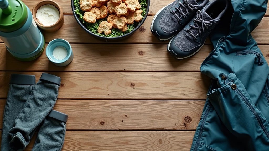 Backpack with walking essentials laid out on wooden table, water bottle, snacks, jacket visible