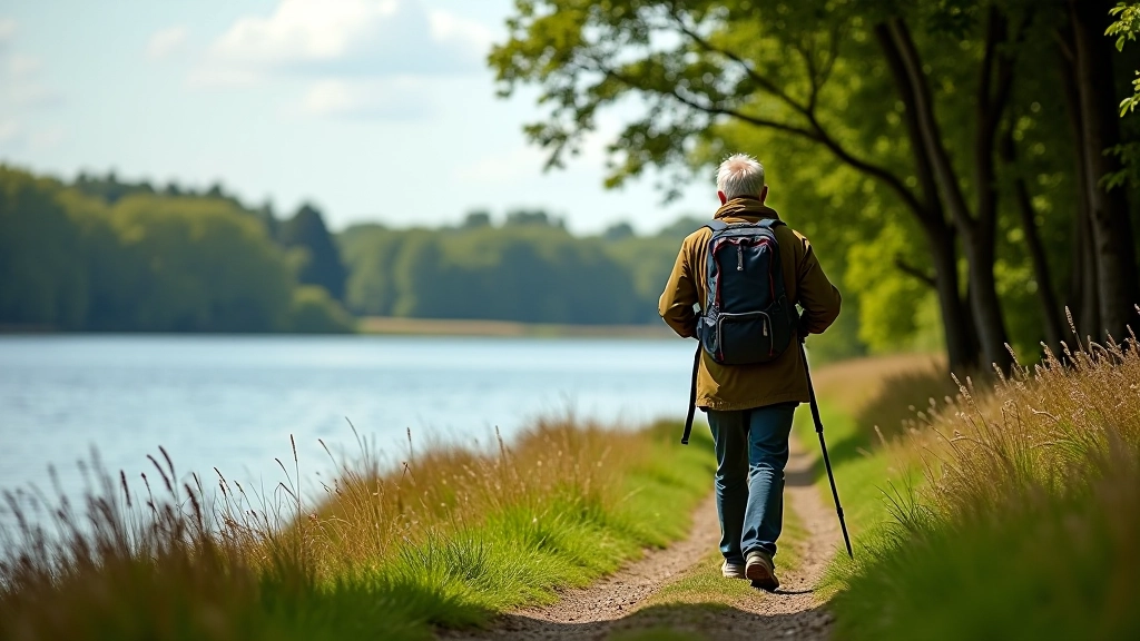 Person walking on a flat lakeside path, calm water to the right, wooded area on the left