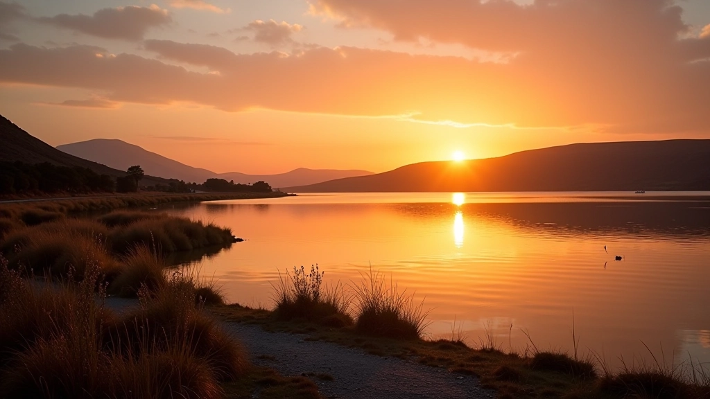 Golden hour sunset lighting over peaceful lake, warm atmospheric tones reflecting in water