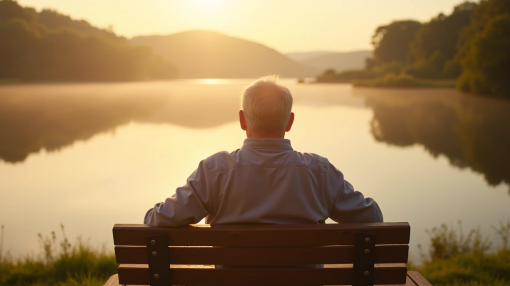 Senior sitting peacefully on bench overlooking calm lake water at sunset