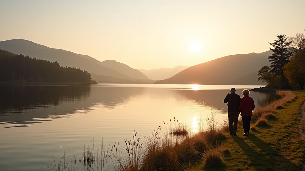 Serene lakeside view with mountains in background