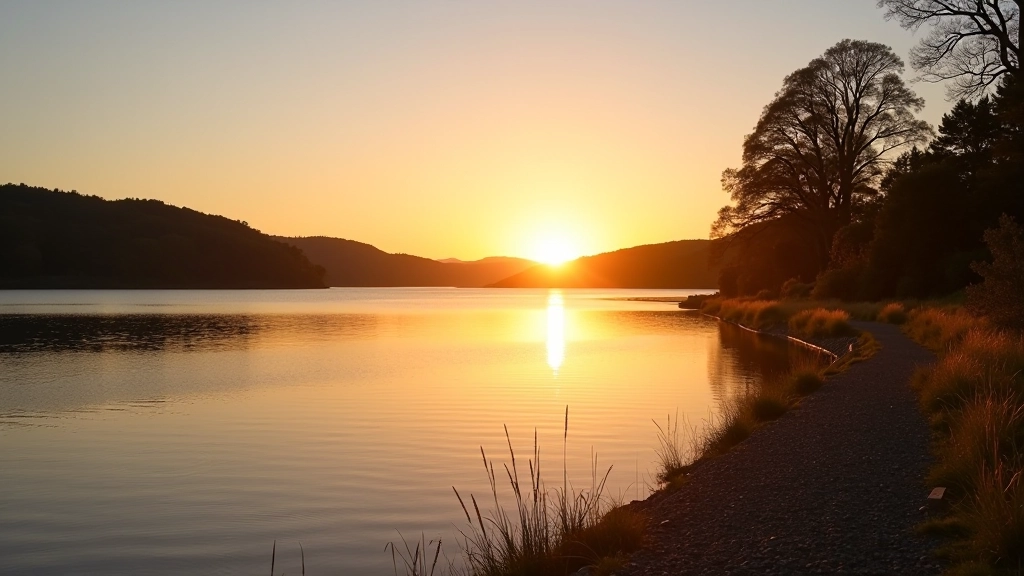 Serene lakeside landscape at sunset with water reflecting golden light