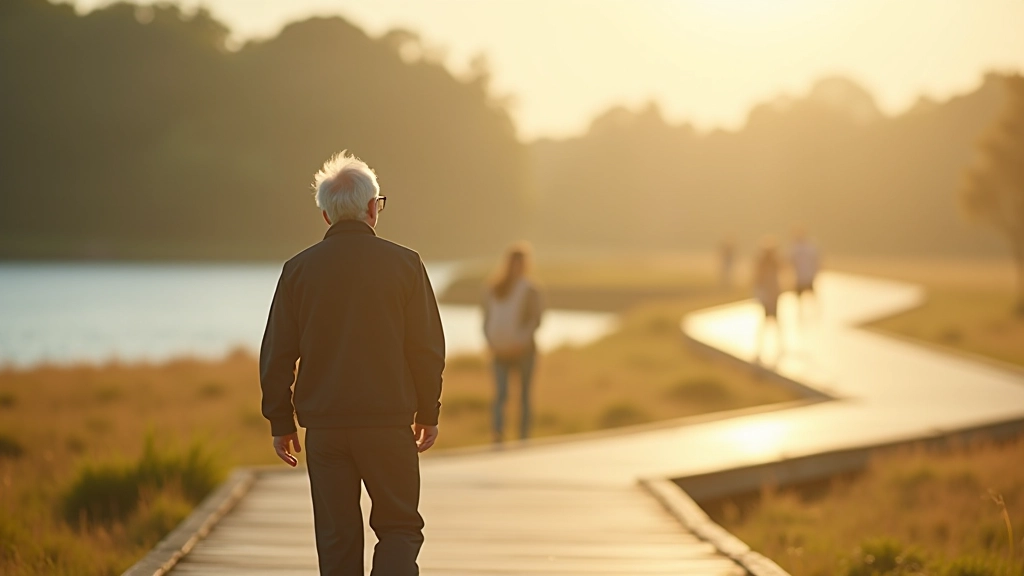Person walking along boardwalk in warm sunlight with lake reflections visible