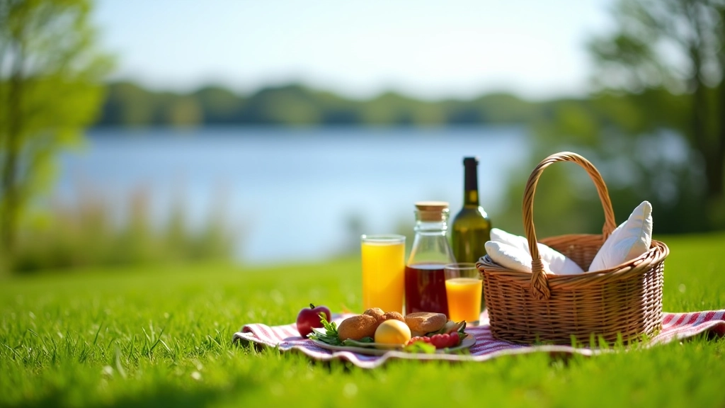 Picnic basket with food and drinks set up near Lough Corrib with scenic water view