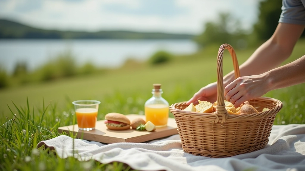 Person laying out picnic spread with food, drinks and blanket on grassy shore