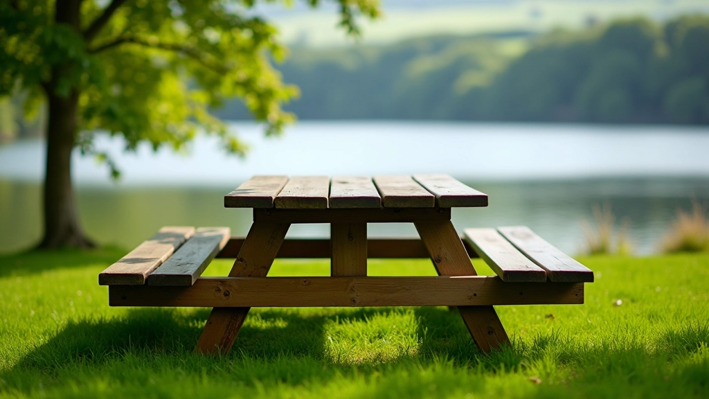 Quiet picnic area with wooden table and benches overlooking calm lough waters