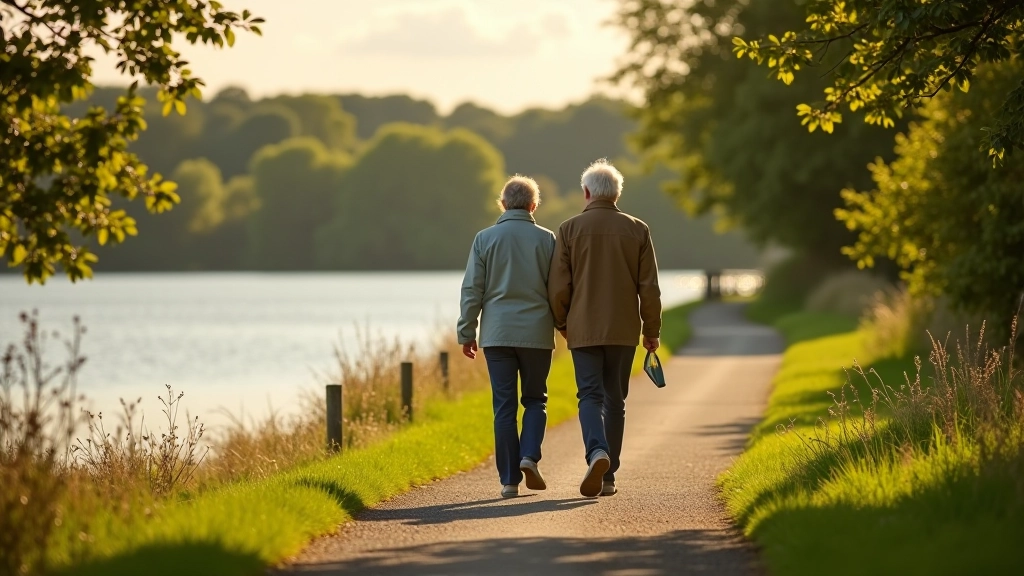 Retired couple walking on a lakeside path with trees and water visible in background