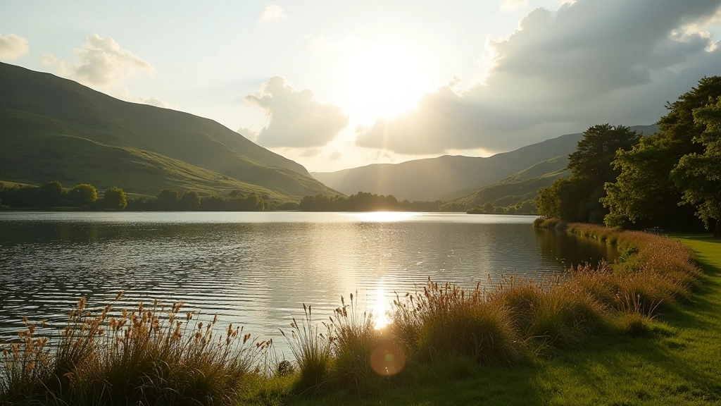 Beautiful Irish lakeside landscape with calm water reflecting surrounding hills and trees at sunset
