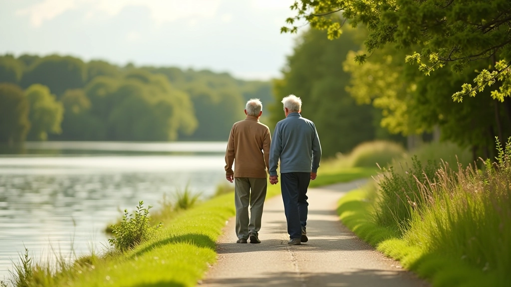 Mature adults enjoying a peaceful walk along a scenic lakeside path surrounded by lush green Irish countryside