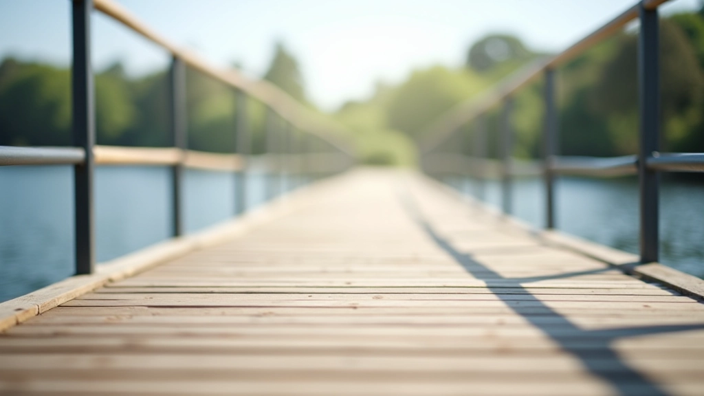 Close-up of wooden boardwalk surface with railings overlooking calm lake water