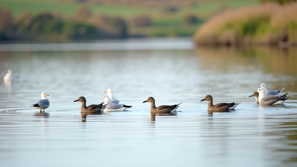 Waterbirds on lake surface with reflections and vegetation at shoreline